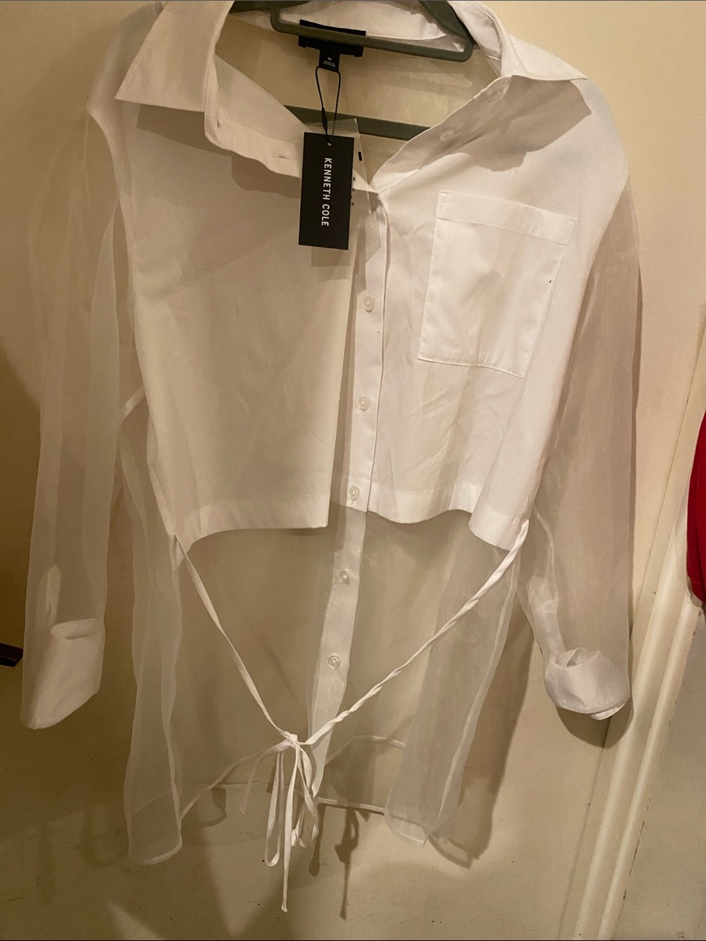 Kenneth Cole White Sheer Tie-Back Button-Down Shirt